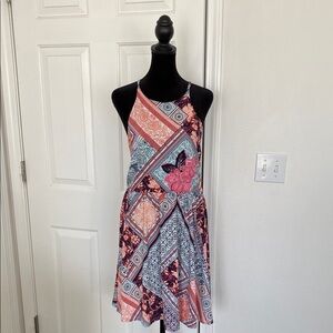 Printed Halter-Neck Swing Dress in Coral and Teal